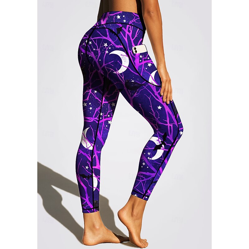 Women's pilates leggings fitness pants Gym Leggings Pockets Stamp Duty Side Pockets Pilates Gym Gym Workout Pants Tights Leggings Graphic Moon Halloween Amethyst Orange Sports Activewear Stretchy4