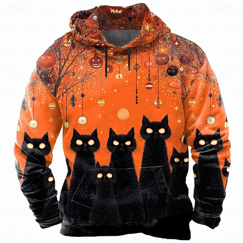 Halloween Men's Cat Pumpkin Hoodie Sweatshirt Punk Exaggerated Crew Neck Club Streetwear Yellow Orange Drawstring Fall Winter Designer
