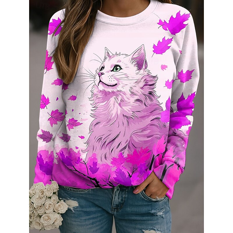 Women's Pullover Graphic Cat Casual Long Sleeve Crew Neck Regular Tops Casual Pink Blue Orange Green Spring Fall Winter3