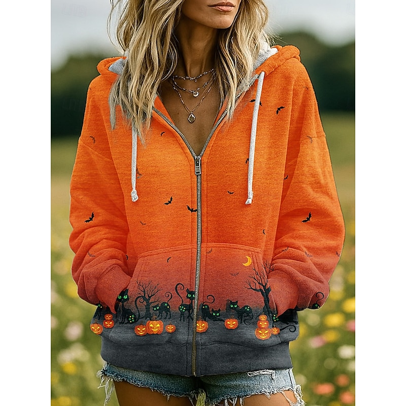 Halloween Women's Zip Up Hoodies Skulls Graphic Pumpkin Fashion Casual Long Sleeve Hooded Regular Tops Street Dailywear Zipper Pocket Print Black Red Orange Brown Gray Spring Fall Winter3