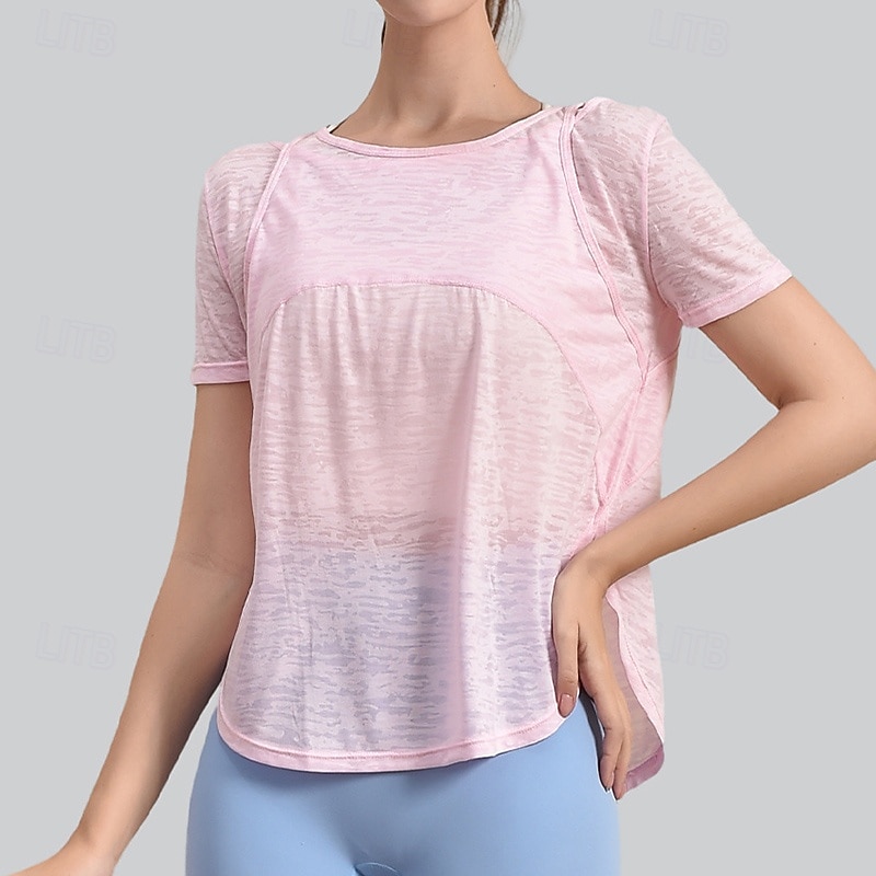 Women's Yoga Shirts Crew Neck Breathable Short Sleeve Sports Solid Color Top For Gym Running Fitness Loose Fit Activewear