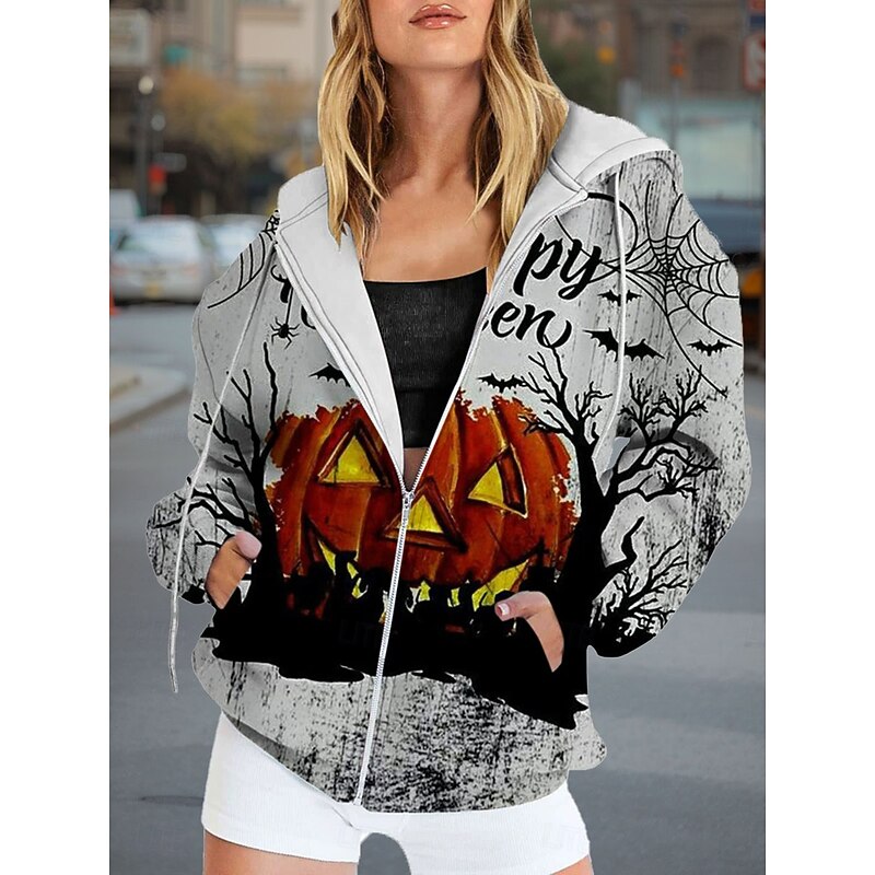 Halloween Women's Zip Up Hoodies Ghost Graphic Pumpkin Fashion Casual Long Sleeve Hooded Regular Tops Street Dailywear Zipper Pocket Print Dark Gray Gray Spring Fall2