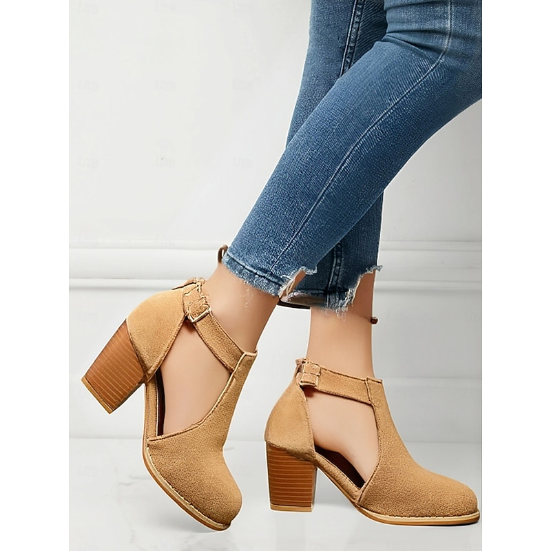 Women's Tan Suede Cut-Out Ankle Boots with Block Heels - Perfect for Casual Outings, Spring and Fall Fashion, and Stylish Everyday Wear2