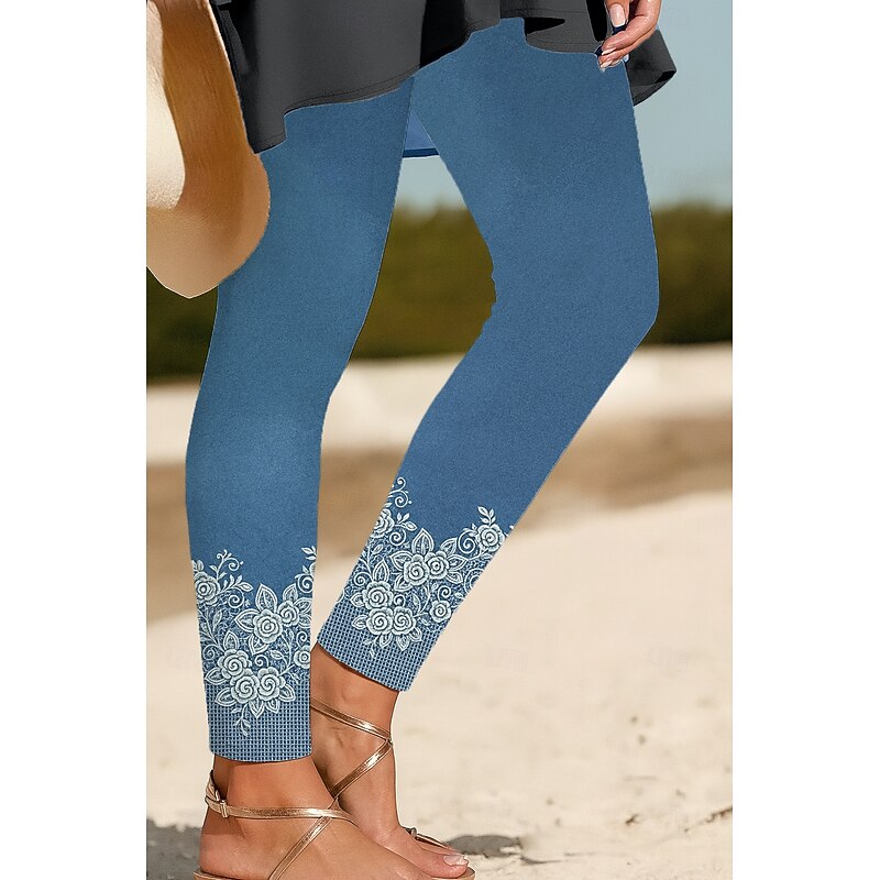 Women's Leggings Vacation Vintage Ethnic Style Ankle-Length High Waist Floral Graphic 3D Print Quick Dry Breathability Soft Stretchy Outdoor Home Causal Black Navy Blue Blue Sky Blue Spring Fall Slim3