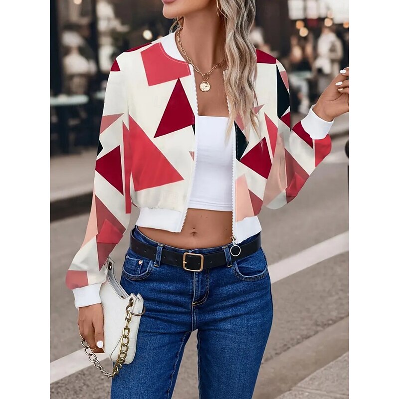 Women's Bomber Jacket Casual Jacket Comfortable Breathable Zipper Print Casual Geometric Vacation Street Casual Daily Wear Zipper Short Stand Collar Regular Fit Long Sleeve Outerwear Black White Red4