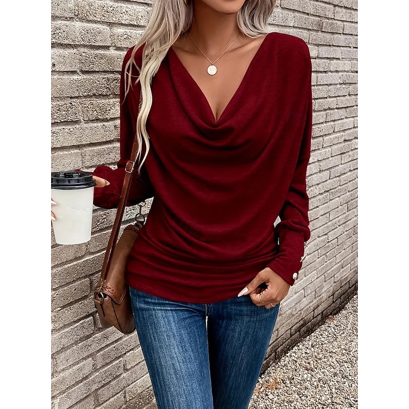 Women's Blouse Solid Color Vintage Stylish Classic Long Sleeve Crew Neck Regular Tops Daily Draped Black Pink Wine Blue Khaki Spring Fall Winter - Main Image
