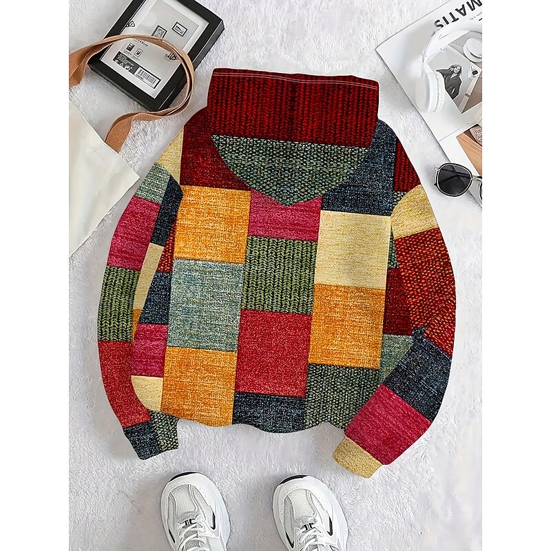 Women's Pullover Hoodie Sweatshirt Graphic Geometric Color Block Fashion Casual Print Long Sleeve Hooded Regular Tops Street Dailywear Drawstring Patchwork Print Maroon Fall Winter2