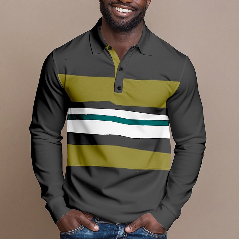 Men's Striped Cable Knit Polo Rugby Polo Shirts Long Sleeve Polo Shirts Collared Shirts Casual Outdoor Athleisure 3D Print Spring Fall Lake blue Blue Brown3