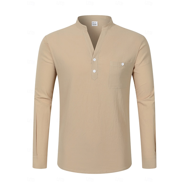 Men's Shirt Linen Shirt Viking Style Summer Shirt Beach Wear Solid Color Vacation Street Black White Navy Blue Blue Long Sleeve Henley Summer Spring Clothing Apparel Pocket4