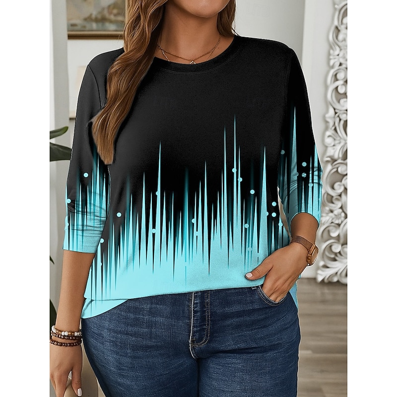 Women's Plus Size Tops T Shirt Ombre Geometry Print Long Sleeve Crew Neck Casual Daily Polyester Fall Winter White Yellow4