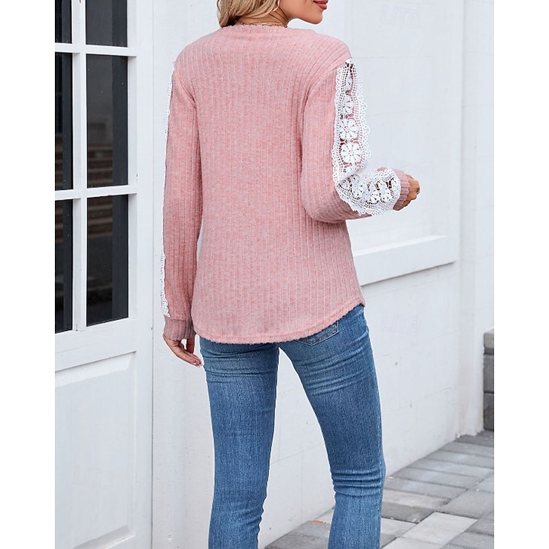 Women's Texture Sweatshirt T Shirt Color Block Casual Long Sleeve V Neck Regular Tops Daily Going out Weekend Lace Patchwork Black Pink Army Green Blue Fuchsia Fall3