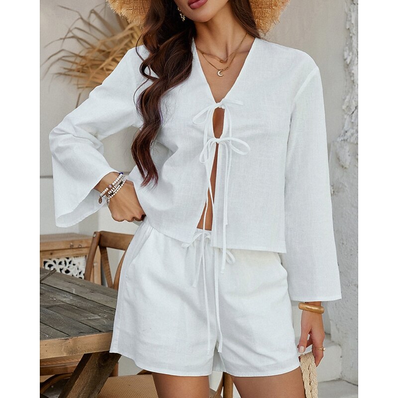 Women's Active Fashion Blouse Shorts Sets Long Sleeve V Neck Solid Color Lace up Daily Casual Daily Black White Army Green Summer Regular Fit3