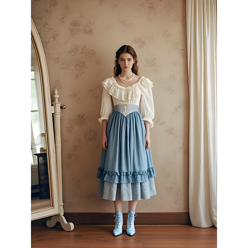 Women's 1920s Light Blue Victorian Lace-Up Ankle Boots – Scalloped Edge Brogue Heels with Two-Tone Design, Edwardian Vintage Style for Retro Costumes, Cosplay, Tea Parties and Daily Wear2