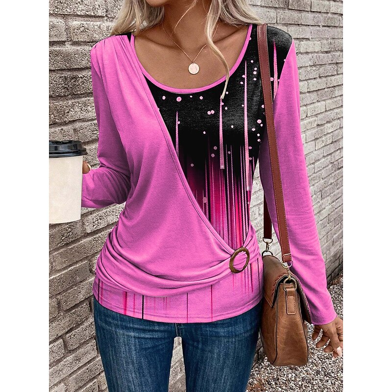 Women's T Shirt Graphic Geometric Gradient Vintage Stylish Modern Long Sleeve Crew Neck Regular Tops Daily Patchwork Print Pink Blue Purple Green Spring Fall Winter4