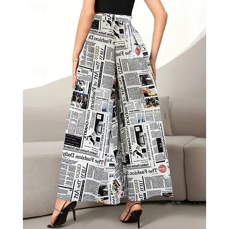 Women's Wide Leg Slacks Streetwear Casual Full Length Natural Flower Elastic Waist Printing Comfy Outdoor Vacation Going out Black White Fall Regular Fit3