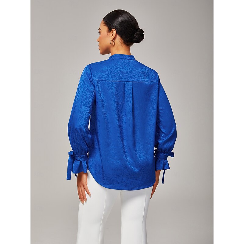 Women's Royal Blue Satin Shirt Subtle Jacquard Lustrous Satin Mini Stand Collar Bow Tie Strap Elegant Stylish Daily Work Fall3