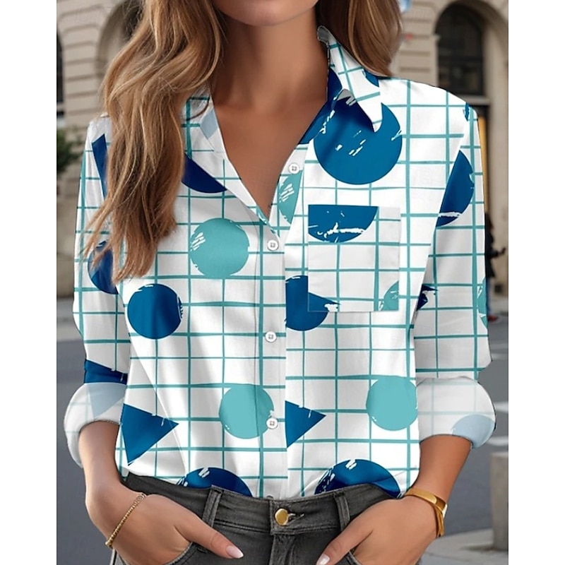 Women's Shirt Blouse Geometric Modern Casual Long Sleeve Shirt Collar Regular Tops Daily Holiday Going out Buttons Print Blue Fall2