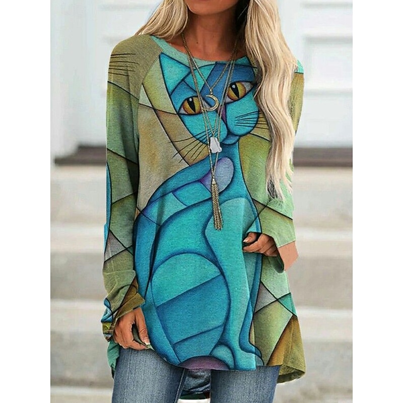 Women's T Shirt Graphic Geometric Vintage Stylish Casual Long Sleeve Crew Neck Long Tops Daily Print Sage Green Blue Orange Spring Fall