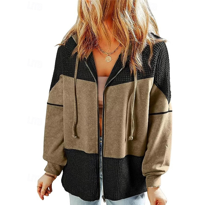Women's Jacket Warm Comfortable Zipper Pocket Fashion Outdoor Color Block Going out Weekend Zipper Regular Hooded Regular Fit Long Sleeve Outerwear Brown Green Khaki Fall Winter