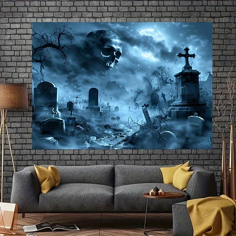 Skull in the Sky Halloween Tapestry – Spooky Graveyard Wall Hanging with Full Moon & Fog, Gothic Horror Decoration for Haunted Room Aesthetic3