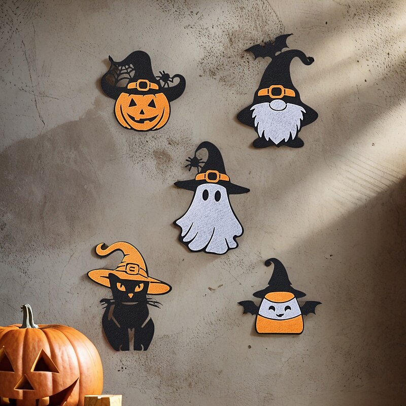 5PCS Halloween Non-Woven Fabric Cartoon Wall Stickers – Pumpkin, Bat, Ghost, Black Cat Decorative Halloween Wall Hanging for Party and Home Festive Decor