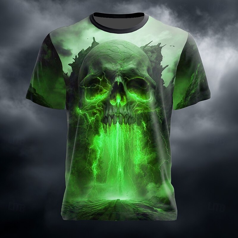 Halloween Men's Skull Optical Illusion 3D T Shirt Short Sleeve T shirt 3D Print Crew Neck Shirt Exaggerated Designer Horror Party Street Holiday Blue Orange Green Summer Spring Clothing Apparel S M L3
