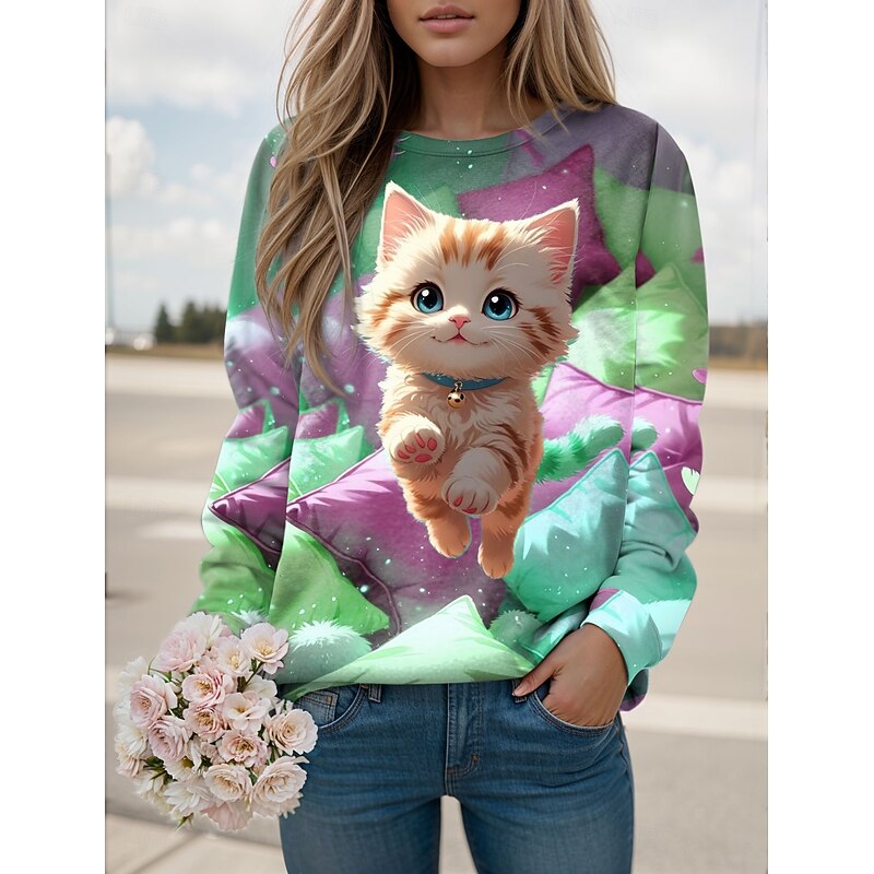 Women's Pullover Sweatshirt Graphic Animal Cat Casual Long Sleeve Crew Neck Regular Tops Street Casual Holiday Print Pink Blue Purple Green Spring Fall Winter4