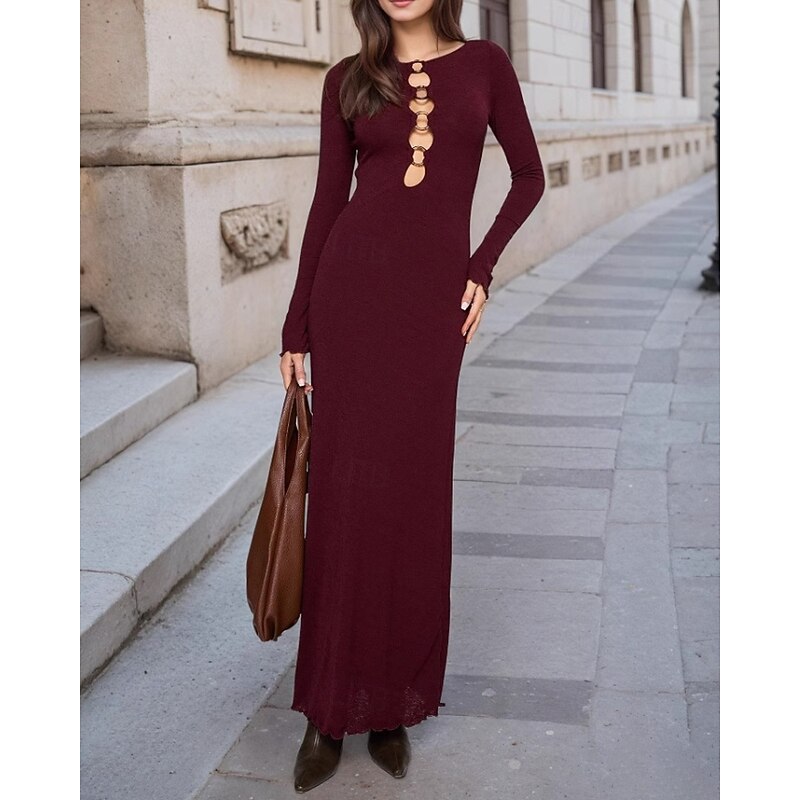 Women's Midi Dress Prom Dress Party Dress Fashion Party Special Occasion Evening Party Regular Fit Plain Long Sleeve Crew Neck Wine Fall