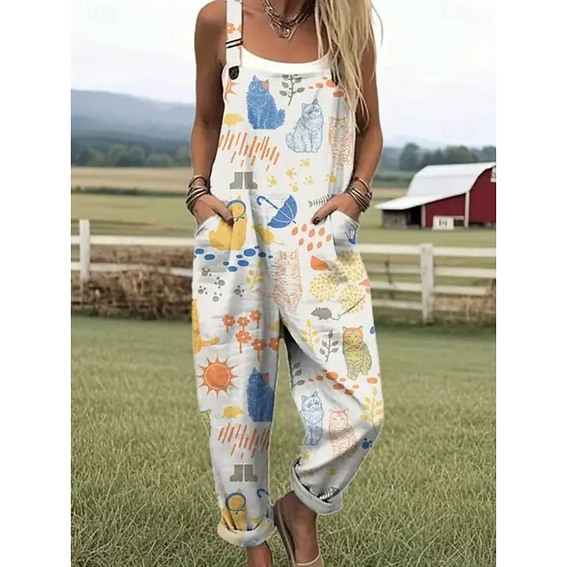 Women's Dungarees Active Floral Sleeveless Sleeveless Straight Square Neck Pocket with Pocket Vacation Daily Loose Fit White Pink Green Summer3