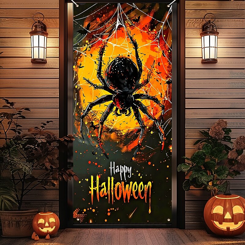 Halloween Door Cover Outdoor Banners Spider 3D Dark Punk Gothic Style Party Outdoor Shooting Backgrounds Front Door Wall Porch Home Decor
