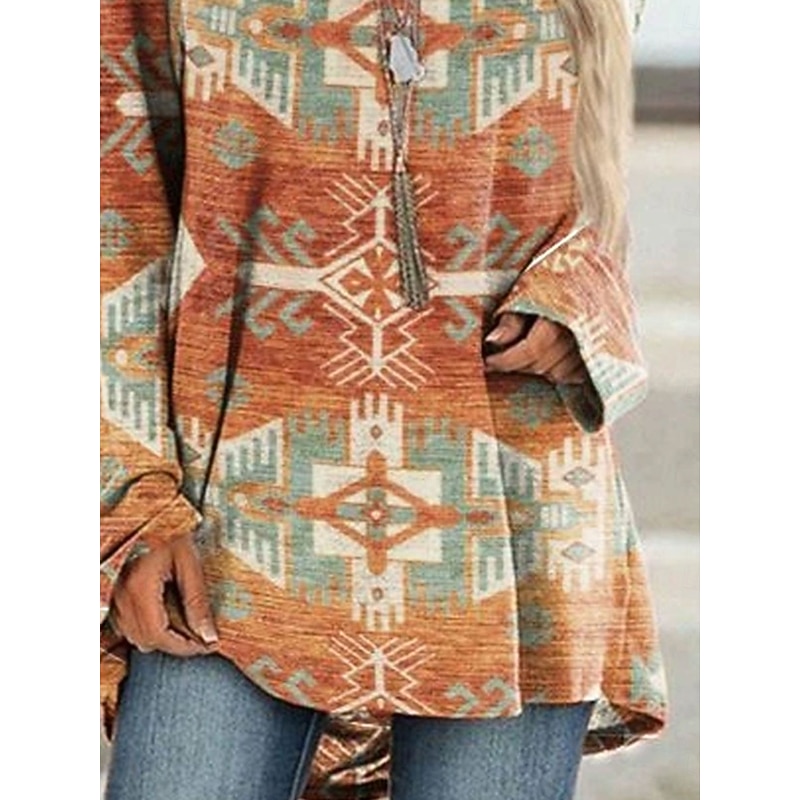 Women's T shirt Long Sleeve Graphic Tribal Vintage Stylish Classic Long Sleeve Crew Neck Round Neck Long Tops Daily Print Red Blue Spring Fall Prefall3