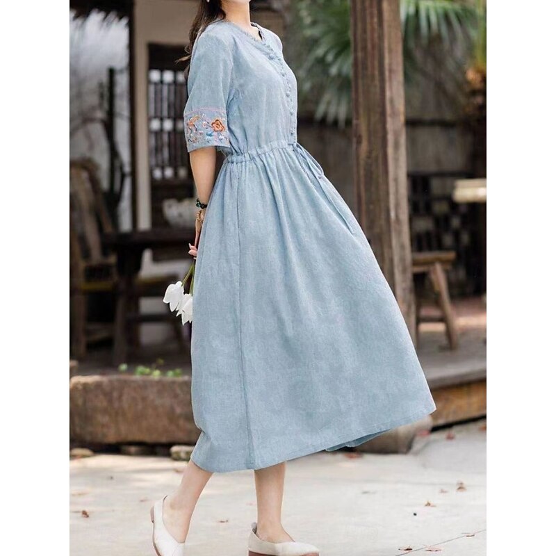 Women's Midi Dress A Line Dress Casual Daily Loose Fit Floral 3/4 Length Sleeve V Neck White Blue Orange Summer4