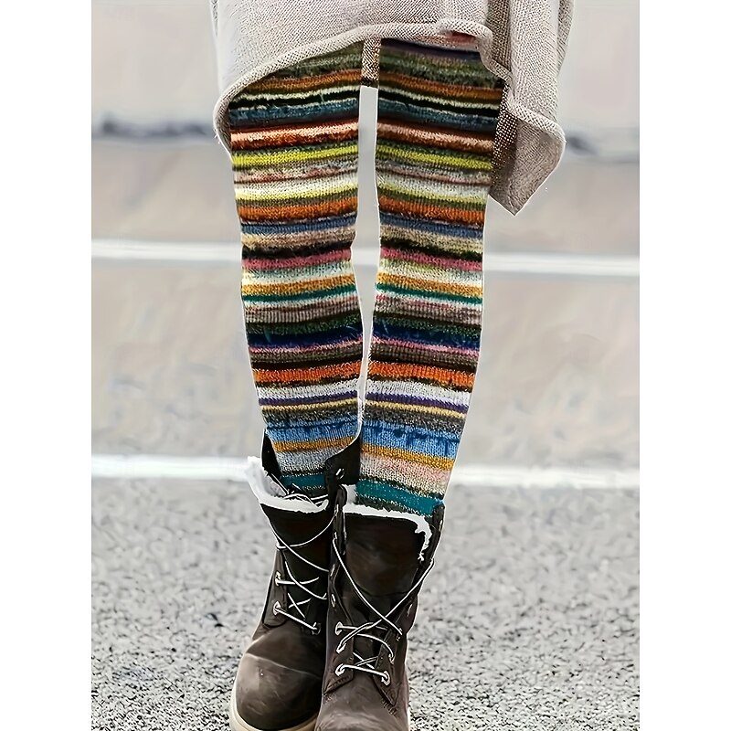 Women's Leggings Vacation Vintage Ethnic Style Full Length High Waist Graphic Striped 3D Print Quick Dry Breathability Soft Stretchy Outdoor Home Causal Yellow Blue Fall Skinny