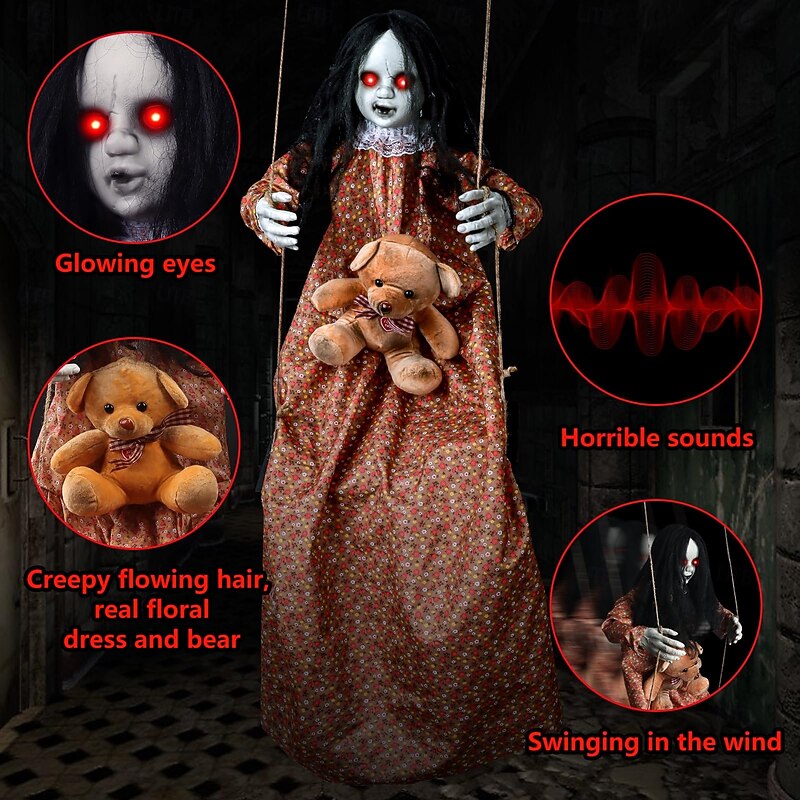 3.75ft Scary Halloween Decoration Outdoor, Halloween Hanging Swinging Girl, Sound and Touch Activated/Creepy Sounds/Light Up Eyes Scary Expression, Halloween Decoration Props, Suitable for Indoor and3