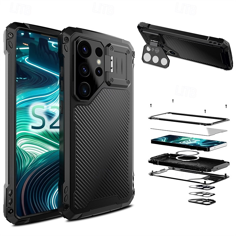 Phone Case For Samsung Galaxy S25 Ultra S25 Edge S24 Ultra S23 Ultra S22 Ultra Magnetic Adsorption Support Wireless Charging Shockproof Retro Armor PET Aluminum Alloy Tempered Glass