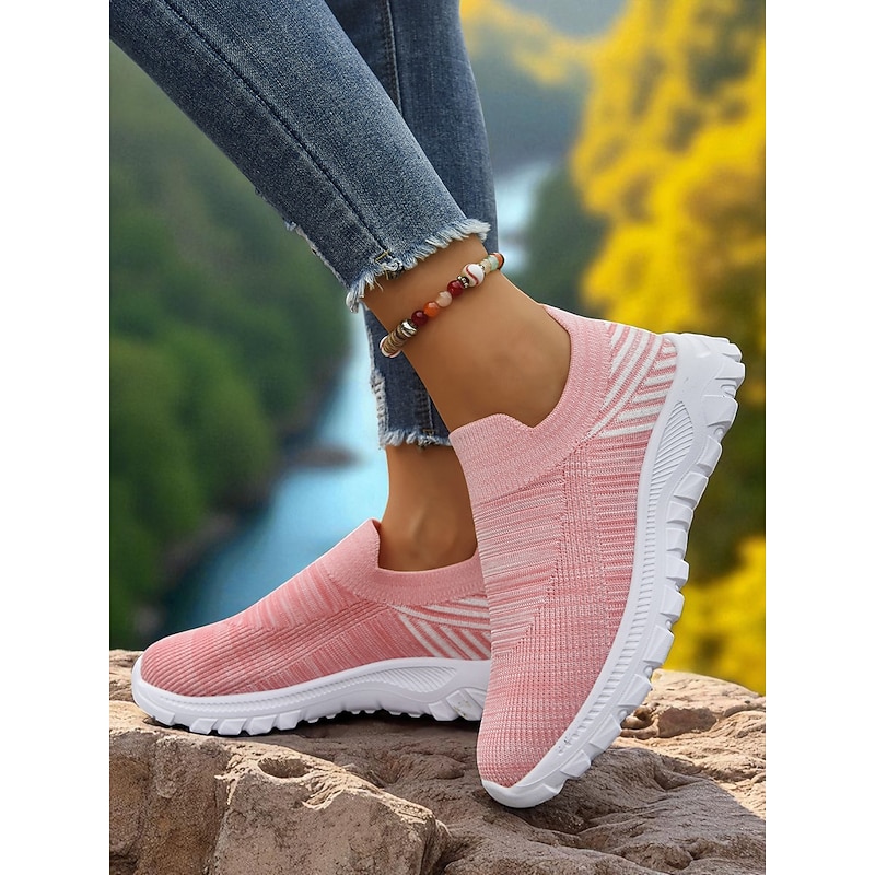 Women's Pink Flyknit Slip-On Sneakers with White Sole – Casual Lightweight Walking Shoes for Fitness, Travel and Everyday Wear