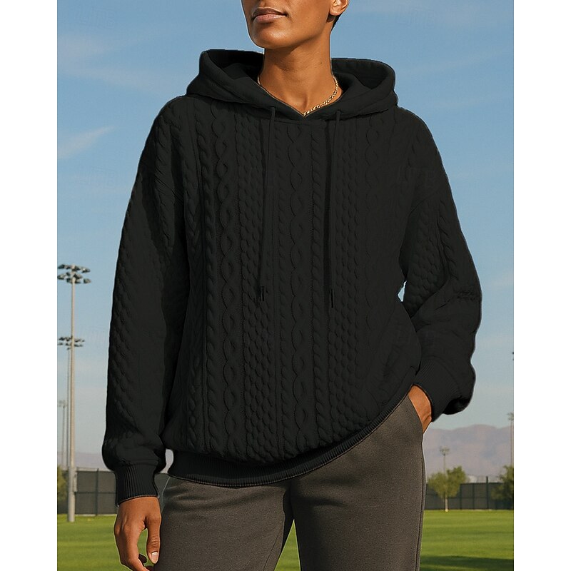 Women's Casual Sweatshirt Pullover Hoodie Drawstring Cable knit Long Sleeve Top Athleisure Fall Solid Colored Fashion Outdoor Travel Sportswear Activewear Black White Pink4