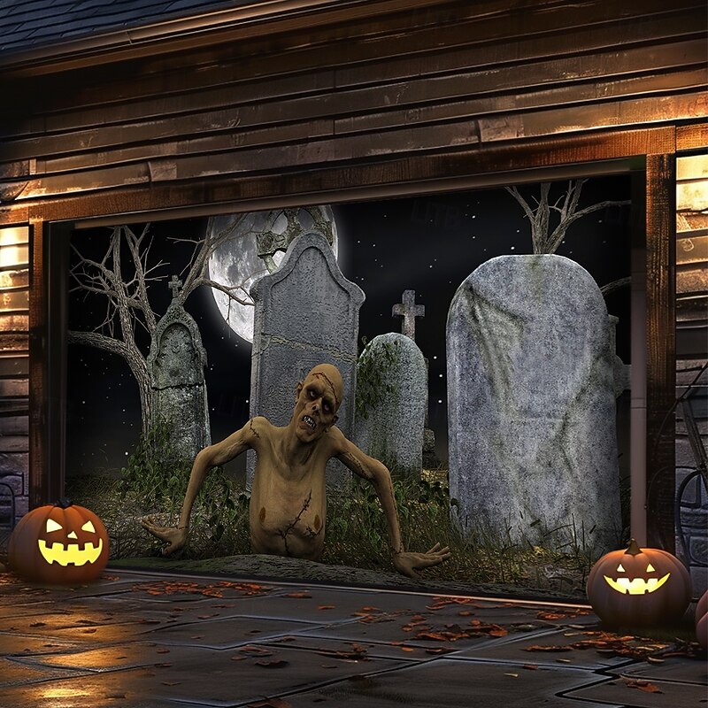 Halloween Tapestry Garage Door Cover Large Hanging Backdrop Zombies Cemetery Dark Punk Gothic Style Party Outdoor Shooting Backgrounds Front Door Home Decor3