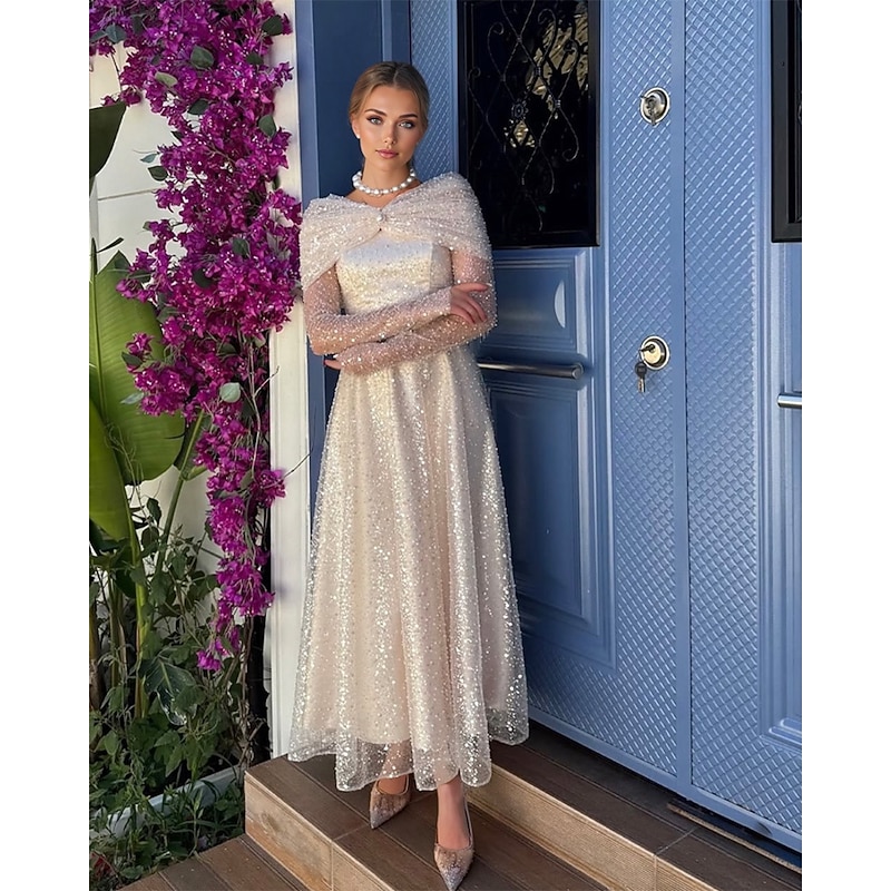 A-Line Cocktail Dresses Sequined Elegant Dress Formal Wedding Tea Length Long Sleeve Off Shoulder Lace with Ruched Details 20252