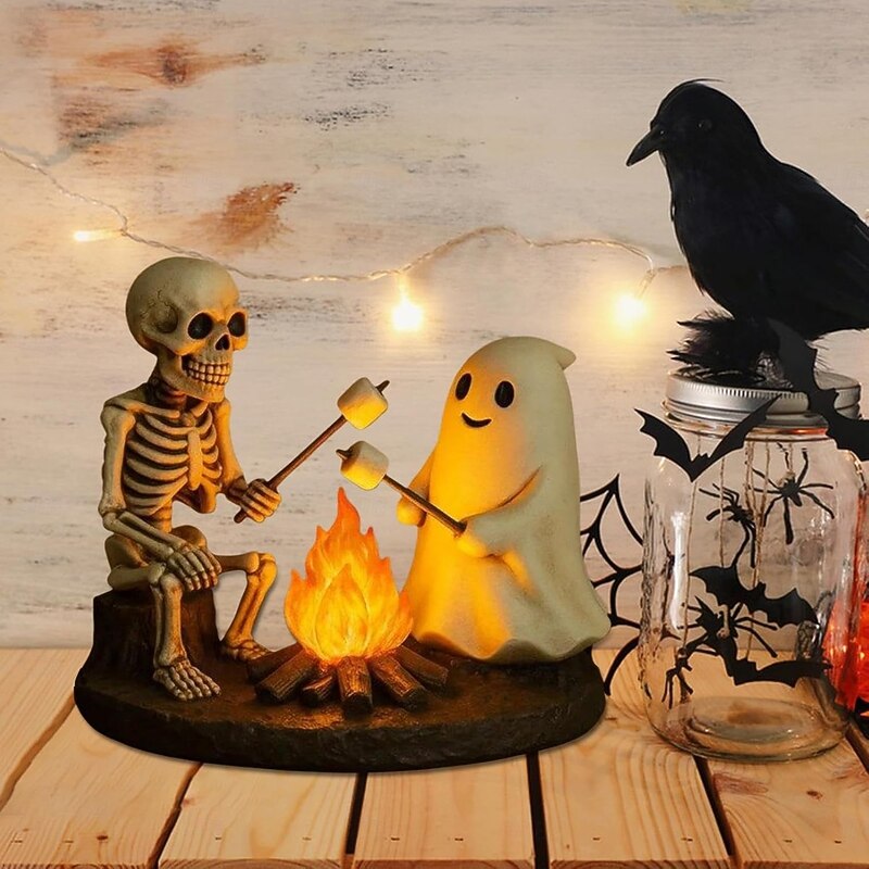 Skeleton and Ghost Bonfire Night Lamp Halloween Cute Ghosts Campfire Roasting Marshmallows Flickering Night Light Spooky Ghost Lamp for Bedroom Table Home Decor2