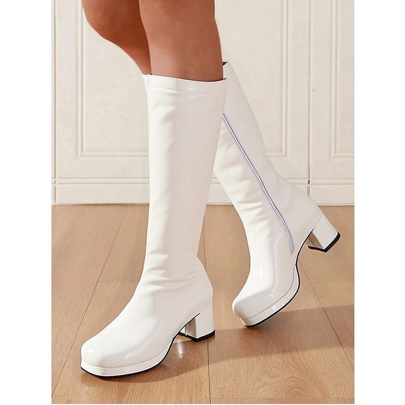 Women's White Patent Knee-High Platform Boots with Side Zipper - Vintage 70s Disco Style Chunky Heel Boots for Cosplay, Retro Fashion, and Events2
