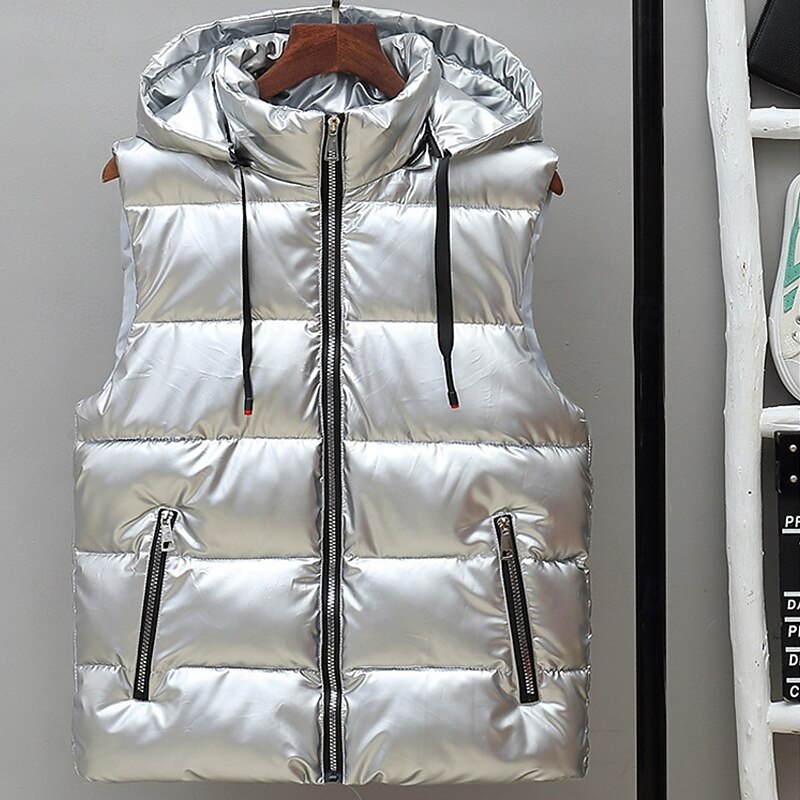 Men's Puffer Vest Vest Gilet Vacation Daily Date Fashion Casual Fall & Winter Pocket Nylon Warm Comfortable Solid Color Zipper Hooded Regular Fit Silver Black Red Dark Silver Vest