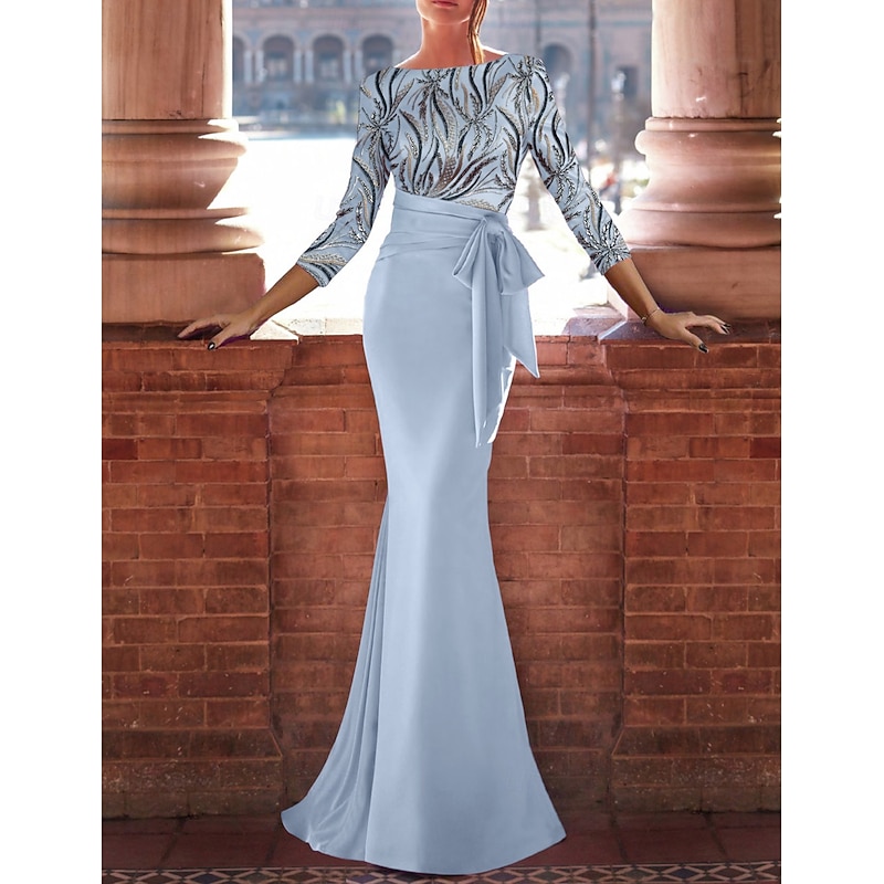 SkyMermaid / Trumpet Evening Gown Celebrity Style Dress Formal Wedding Guest Floor Length 3/4 Length Sleeve Boat Neck Satin with Bow(s) Beaded Gown