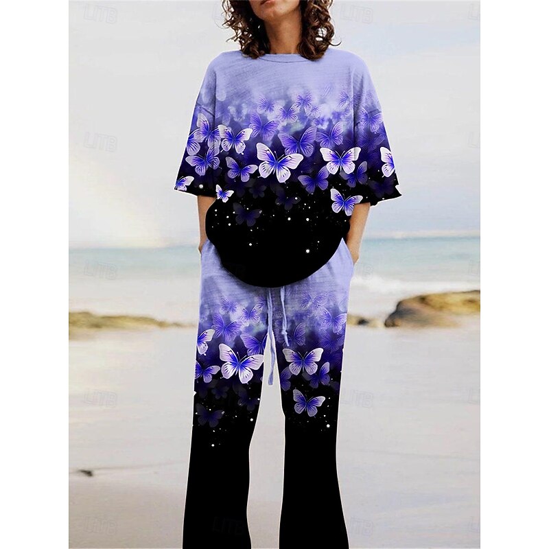 Women's Active Fashion Pants Sets 3/4 Length Sleeve Crew Neck Butterfly Print Vacation Daily Holiday Yellow Pink Red Summer Regular Fit2