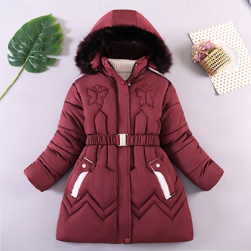 Kids Girls' Down Coat Solid Color Fashion Fur Trim Zipper Pocket School Coat Outerwear 4-12 Years Winter Black Pink Wine3