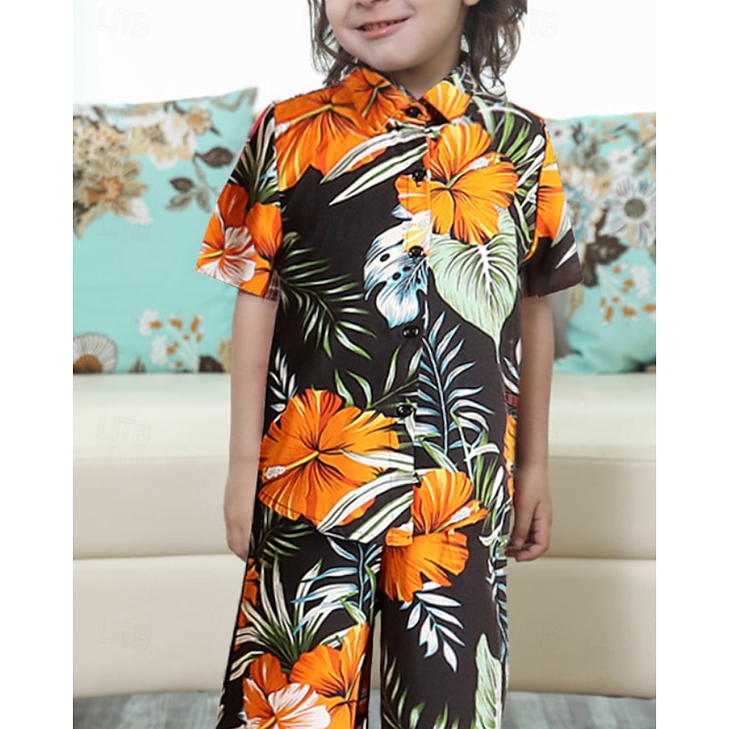 Family Dresses Tops Bottom Floral Street Print Blue Orange Short Sleeve Active Matching Outfits4