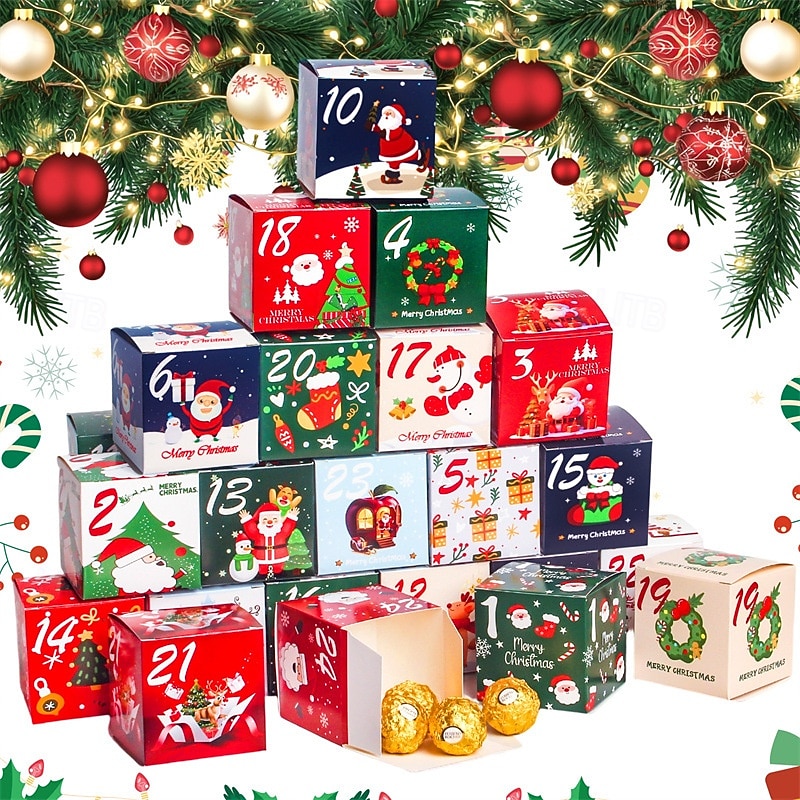24 Days Christmas Advent Calendar Boxes Set DIY Cardboard Countdown Gift Boxes with Numbered Designs Holiday Themed Decorative Packaging for Xmas Gifts and Treats