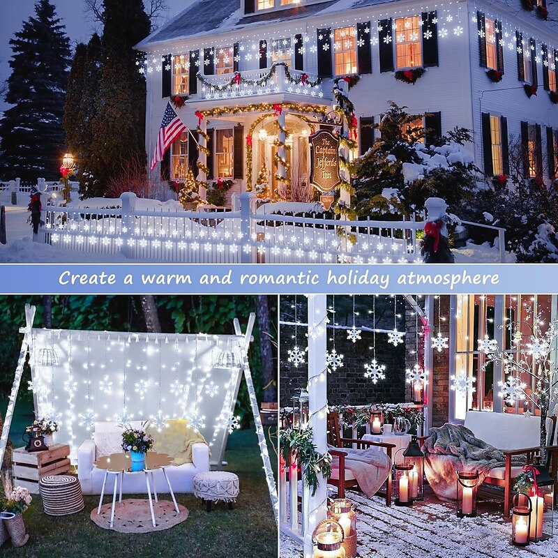 12ft/3.5M Snowflake Curtain Night Light USB Powered 8 Modes Icicle Fairy String Light for Christmas Wedding Holiday Garden Indoor Outdoor Party Decoration4