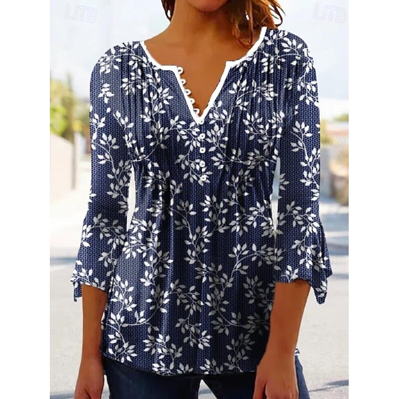 Women's Blouse Ombre Floral Graphic Elegant Vintage Tropical 3/4 Length Sleeve Ruffle Sleeve V Neck Regular Tops Daily Going out Ruched Buttons White Blue Summer Spring Fall2