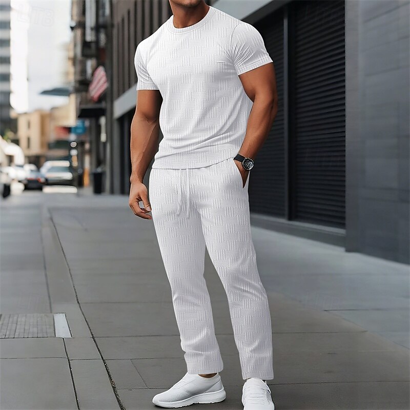 Men's T-shirt Suits Shirt and Pant Sets 2 Pieces Outfits Short Sleeve Crewneck Summer Spring Plain Fashion Casual 2 Piece Vacation Daily Wear Going out Black White Khaki Top Tee for Men